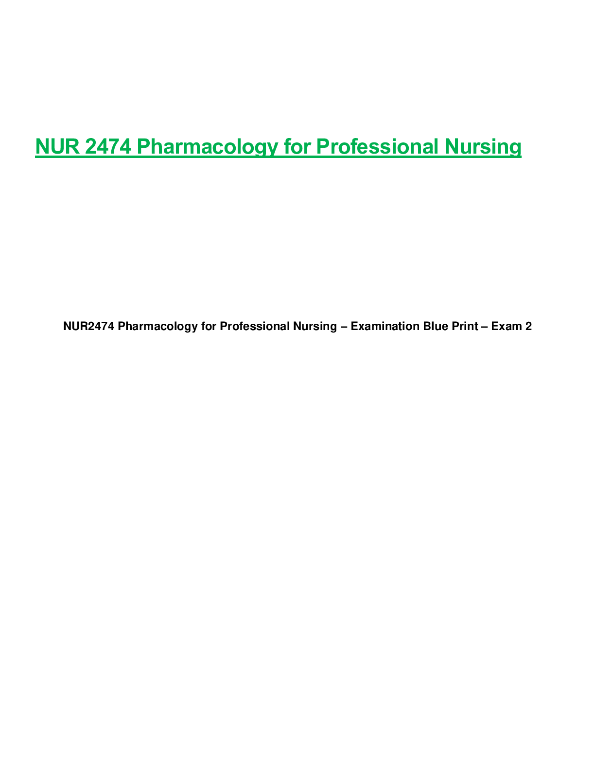Preview of NUR2474 / NUR 2474: Pharmacology for Professional Nursing Exam 2 Blueprint (Latest Update)